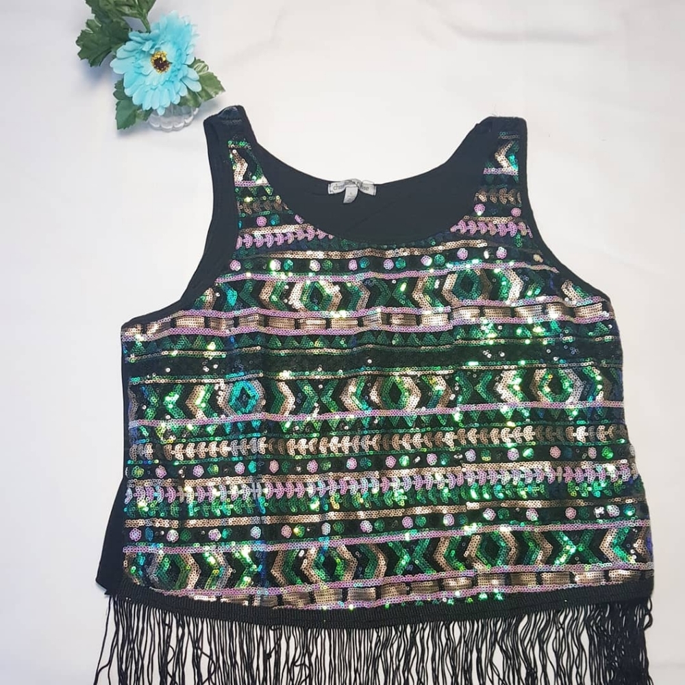 Multicolor Sequin Sleeveless Tank Top with Fringe